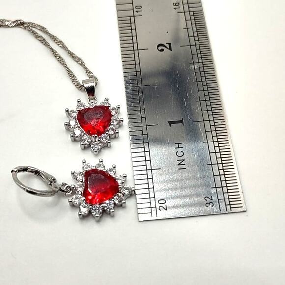 925 Silver Chain Heart Necklace Earring Set w/ Synthetic Ruby Diamonds Pendants - Picture 7 of 8